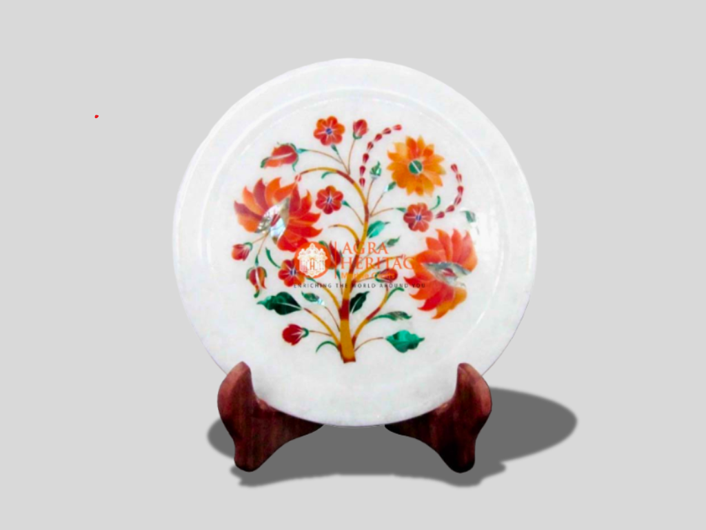 White Marble Carnelian Inlaid Floral Design Plate Decor